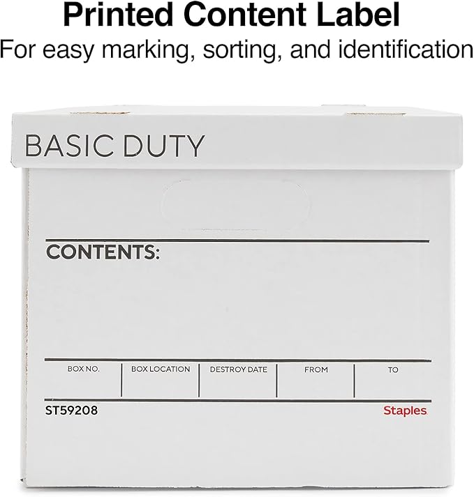 STAPLES Corrugated File Box Lift Off Lid, Letter/Legal Size, White/Black, 10/Pack