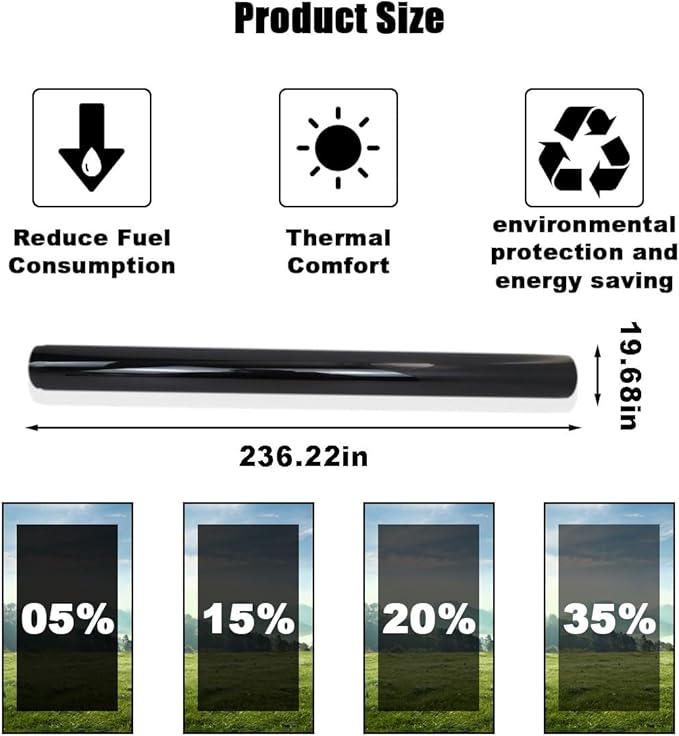 Car Window Tint Film for Auto Sun Shade Roll Width 20"×Length 19.68Ft Universal Dark Vinyl Protection Film with 5% VLT, Privacy Sunlight Heat UV Block Protection & Scratch Resistant
