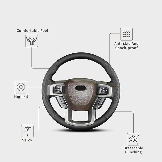 Hand Sewn Steering Wheel Cover,Fit for Ford F-150 2015-2020/F-250 F-350 F-450 F-550 2017-2021/F-600 2020-2021/F-650 F-750 2021,Non-Slip Breathable Microfiber Leather Steering Wheel Cover