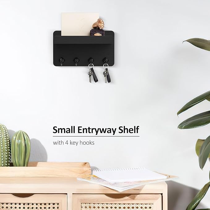 Nekon Key Holder Wall Mount, 8.5 Inch Small Home Decor Wooden Wall Organizer with 4 Hooks and Shelf, Key and Mail Holder for 
