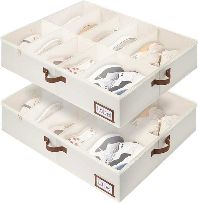 StorageWorks Under Bed Shoe Storage for Closet, 2-Pack Ultra-thick Fabric Shoe Organizer, Collapsible Shoes Containers with B
