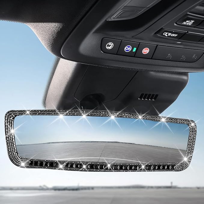 AUCELI Car Rear View Mirror, Bling Rhinestone Interior Rear View Mirror with HD Glass, Wide Angle Clip-On Rearview Mirror with Glitter Crystal Diamond, Car Decoration Accessories for Women (Black)