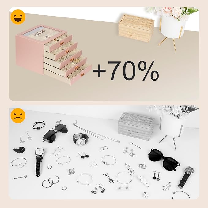Jewelry Box with Glass Lid, 5-Layer Jewelry Organizer for Women Girls, PU Leather Display Case with 20-Grid Earring Tray & Mo