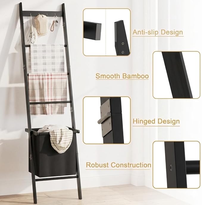 BAMBANG Bamboo Blanket Ladder with Basket, 5-Tier Quilt Rack Stand with 4 Hooks & Storage Hamper for Living Room Bathroom, Wa