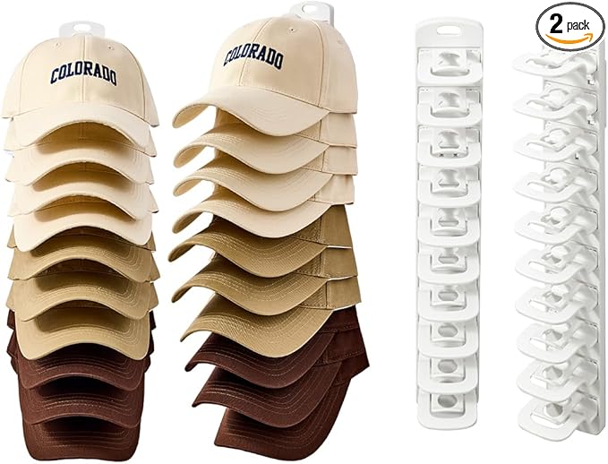 Hat Organizer for Wall, 2 Pack Adhesive Hat Rack for Baseball Caps, No Drilling or Wall Mount Cap Holder with Hooks, Over the