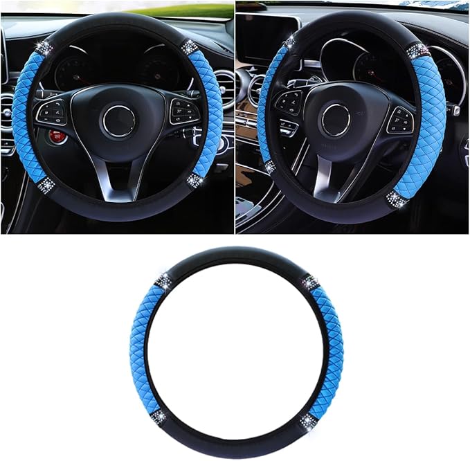 Bling Soft Leather Steering Wheel Cover, 15 Inch Colorful Rhinestones Auto Elastic Protector with Crystal Diamond for Women G