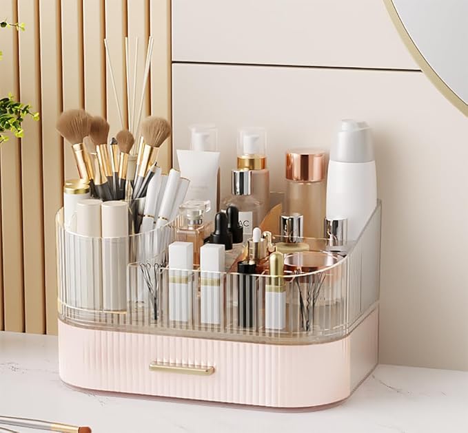 360° Rotating Makeup Organizer with Drawer, Clear Acrylic Cosmetic Storage Display, Stackable Beauty Counter (Pink, Large (Tr