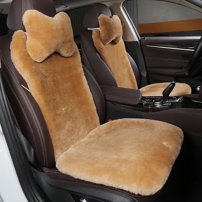 OGLAND 2 Pack Fur Fuzzy Sheepskin Car Seat Covers for Universal Auto Plush Seat Cushion Accessories Automobiles (Honey Beige)