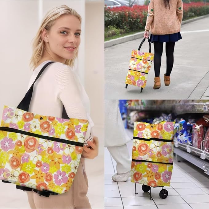 Collapsible Shopping Grocery Bag with Wheels Rolling Tote Bag with Wheels Large Reusable Shopping Bags Foldable Cart(Chrysanthemum,Large)