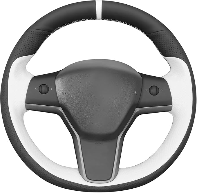 MEWANT Hand Stitched White Leather Steering Wheel Cover Wrap for Tesla Model 3 2017-2023 / Model Y 2020-2023 Steering Wheel Accessories, Alcantara Customize