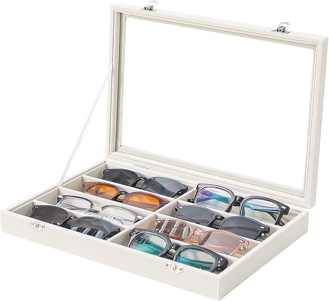 Coward Sunglass Organizer Tray Box, Beige Velvet Grids Eyeglasses Display Tray Case with Transparent Glass Lid for Home Use o