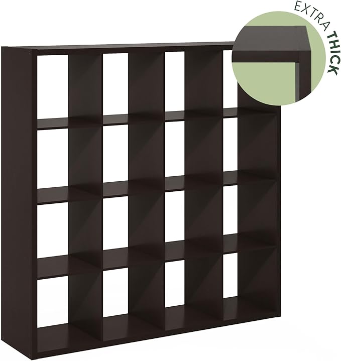 Furinno Cubicle Book Shelf, 16-Cube Bookshelf, Extra Thick Frame Reversible Bookcase with Open Back, 14.6" x 58" x 58", for L