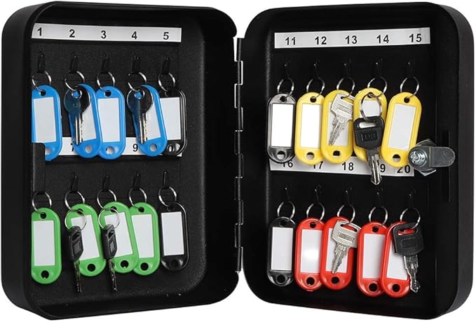 JSSMST Key Lock Box Wall Mount Security Cabinet, 20 Key Hooks & Tags, 7.87 x 6.3 x 2.95 Inches, Black Matt
