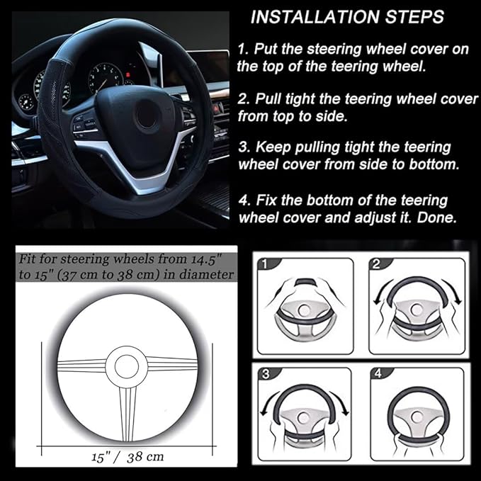 Alusbell Breathable Auto Car Steering Wheel Cover for Men and Women Microfiber Leather 15 Inches Black