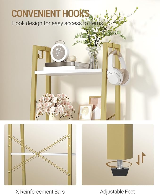 Hzuaneri Ladder Shelf, Bookshelf Bookcase, Freestanding Corner Storage Shelve with 2 Hooks for Home Office, Living Room, Kitc