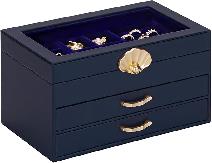 Enthralite Jewelry Box with 2 Drawers: Display Organizer for Earrings Necklaces - Gifts for Girls Women (Dark Blue)