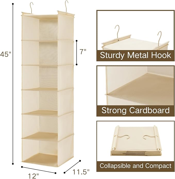 MAX Houser 6 Tier Shelf Hanging Closet Organizer, Closet Hanging Shelf with 2 Sturdy Hooks for Storage,2 Pack, Foldable (Yell