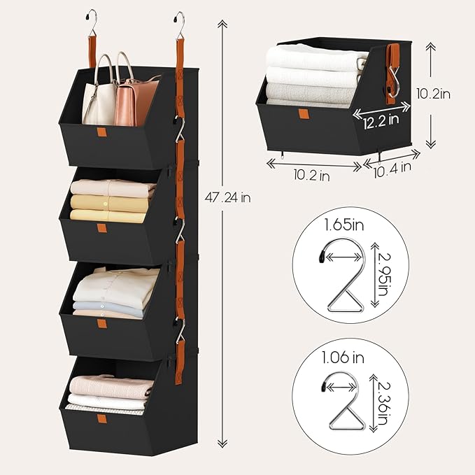 Homsorout Hanging Closet Organizer 4 Tier - Clothes Hanging Shelves, Space-Saving Closet System, Fabric Storage Bins Bedroom 