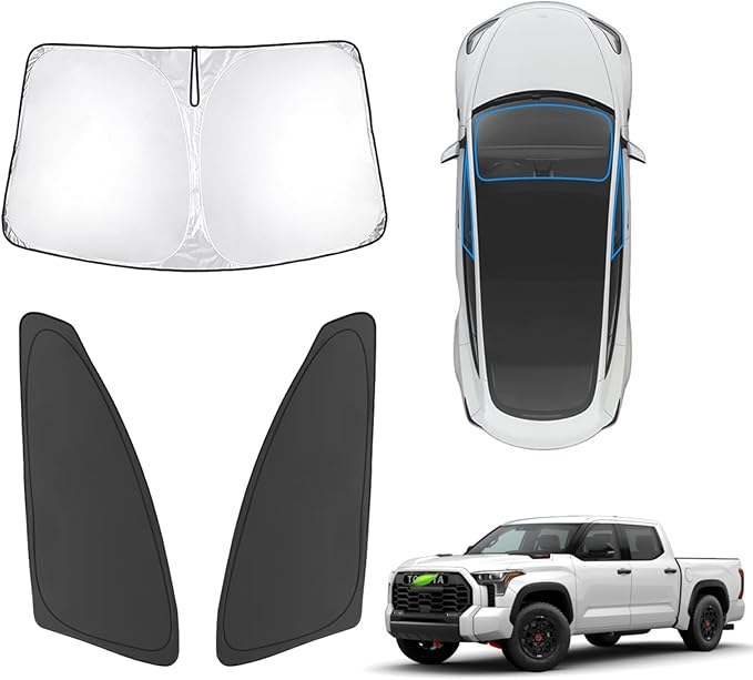 Karltys 3PCS Front and Side Windshield Sun Shade for 2022-2024 2025 Toyota Tundra, Reflective Window Sunshade Cover Custom Fit Tundra, Foldable Sun Visor Protector Blocks Heat UV Rays
