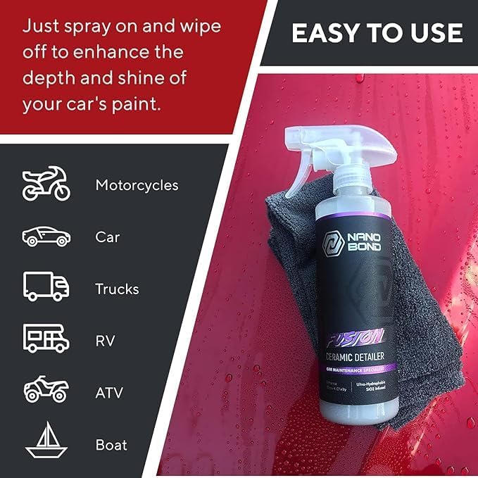 Nano Bond Hydrophobic Spray Ceramic Detailer - SiO2 Coating for Cars, RVs, Boats, Motorcycles, & ATVs, Headlight Restoration 