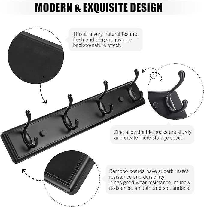 Badiano Wooden Coat Rack, Wall-Mounted Organizer for Closet, Entryway, Hallway, Foyer, Bedroom, Heavy Duty Double Hooks for H
