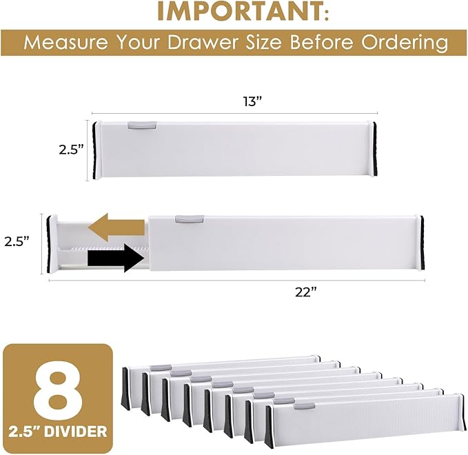RAPTUROUS Adjustable Drawer Dividers, 2.5" Tall, Expandable 13-22", 8-Pack, Non-Slip for Dresser, Closet, Kitchen, Nursery, a