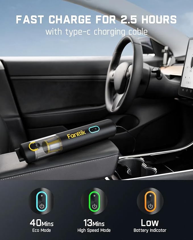Fanttik Slim V8 APEX Car Vacuum, 4-in-1 Portable Mini Cordless Vacuum with 19000pa Suction Power, Type-C Charge, 2 Suction Mo