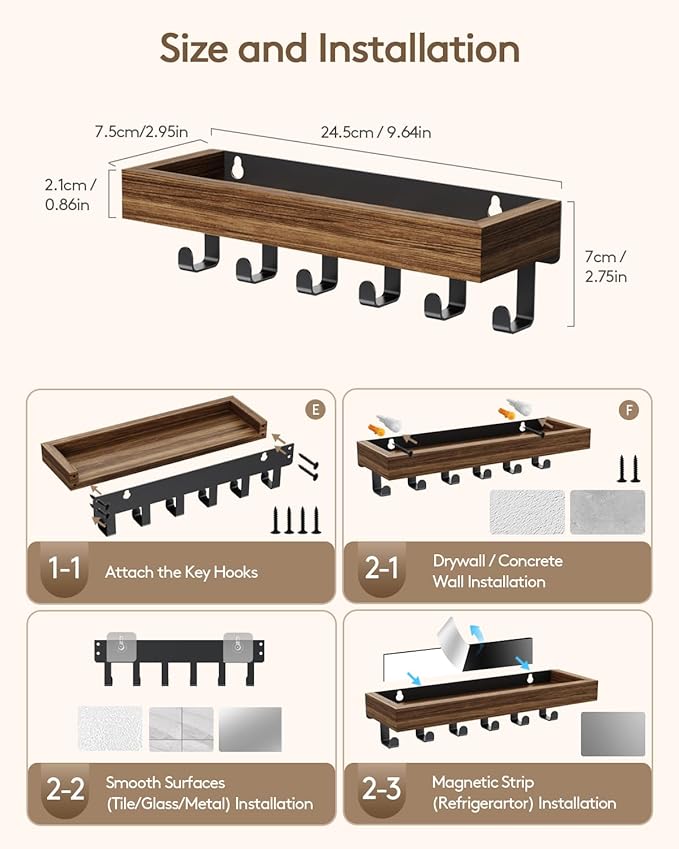 Key Holder Wall Mount Adhesive Magnetic - Hanging Key Hooks with Mail Organizer Tray for Wallet House Accessories - Keys Hang