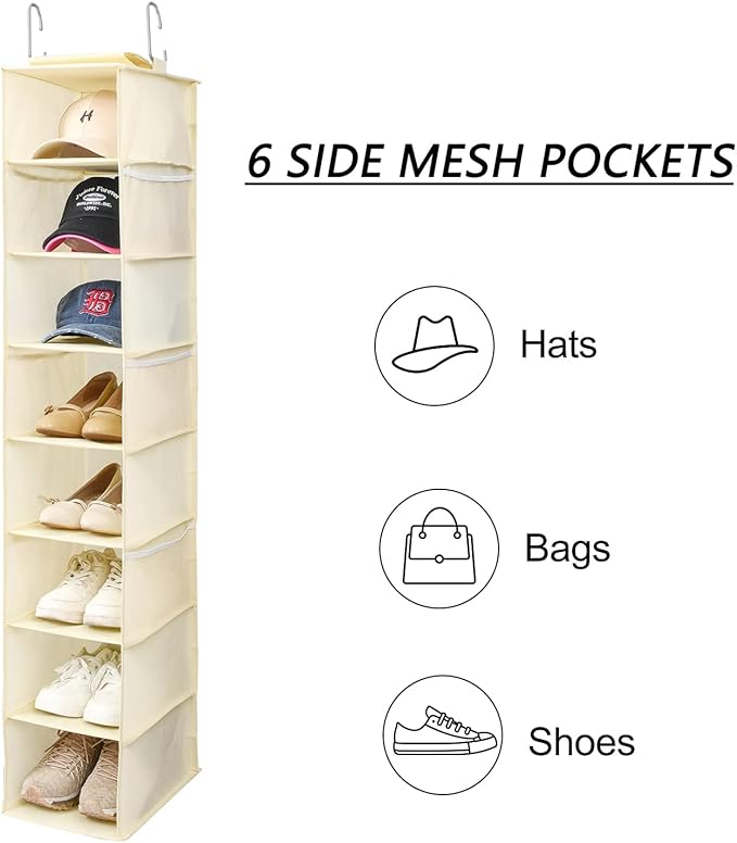 Berdeng Hanging Shoe Organizer for Closet with Side Mesh Pockets，Hat Racks for Baseball Caps，Shoe and Hat Holder & Storage，8-