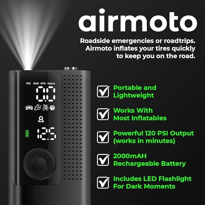 Airmoto Tire Inflator Portable Air Compressor - Air Pump For Car Tires with Digital Pressure Gauge, LED Light and Auto Shut-O