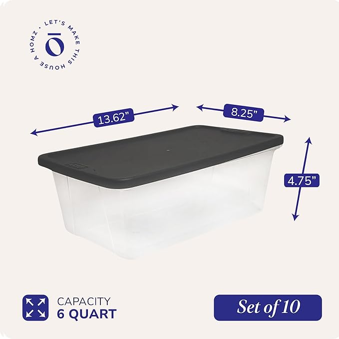 HOMZ 10-Pack Snaplock, Small Clear Plastic Storage Organizer Bins w/Lids, 6 Quart, Gray - Stackable Container Boxes for Bedro