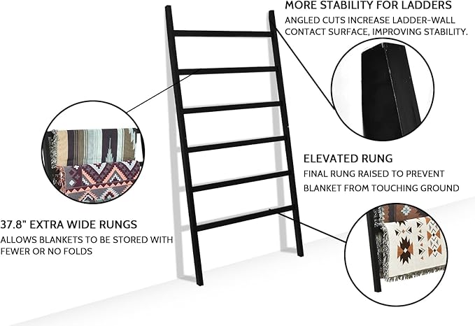 FUIN Extra Wide 6.4ft Wooden Blanket Ladder Living Room Decorative Wal Leaning Farmhouse Quilt Display Holder Rustic Wood Tow