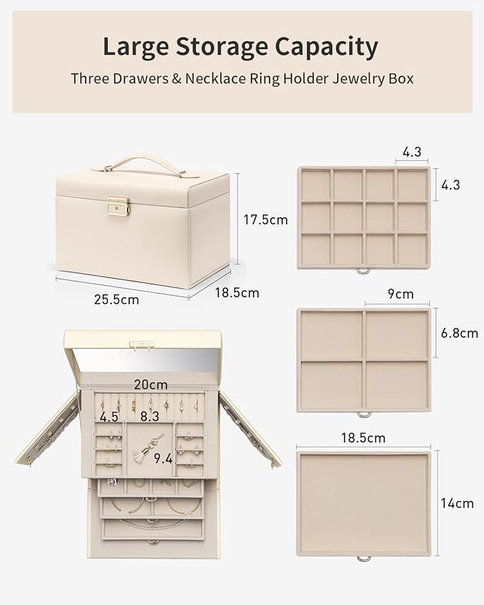 Vlando Jewelry Box for Mothers Day Teacher Appreciation Gifts, 4-Tier Jewelry Organizer with Lock, Mirror Jewelry Box for Ear