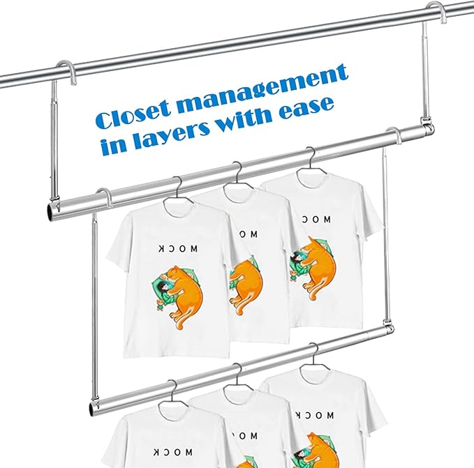 Closet Hanging Rod, Adjustable Width and Height Space-Saving Clothes Hanging Bar, 2 Pack Chrome