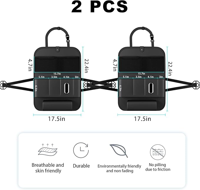 Car Seat Organizers,Multi-functional Back Seat Protectors, Storage Pouches, Child kicking prevention and Tray Holders (for Cars, Kids, Seat Back and Rear Seats) (Black, 2 Pcs)