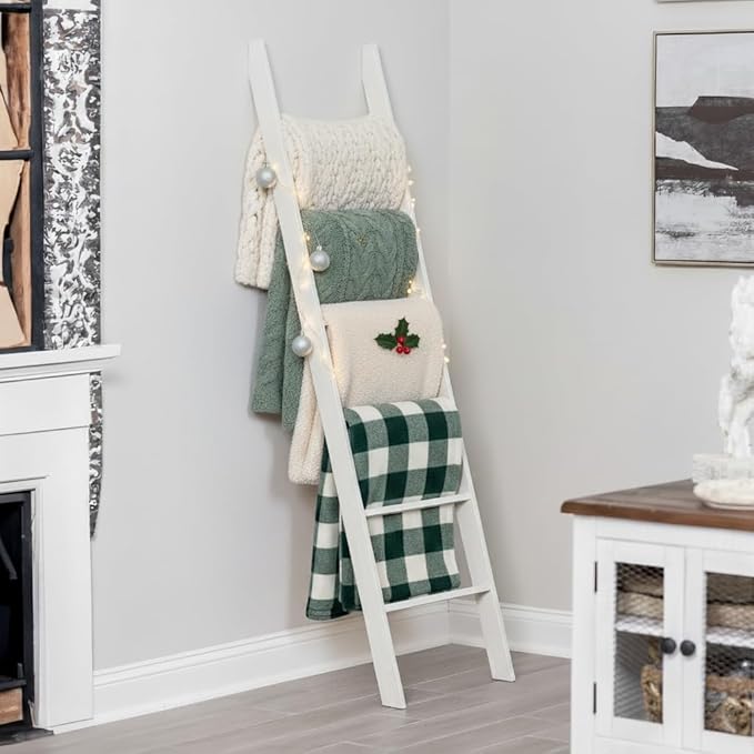 Blanket Ladder for Living Room and Bedroom, 5ft 8 inch, 6-Tier Wall Leaning Laminate Snag Free Construction (White) Rustic De