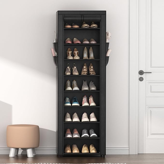 VILICK Shoe Rack with Cover Narrow Shoe Organizer with 4 Side Pockets 10 Tier Tall Shoe Storage Holds 18-22 Pairs Shoes and B
