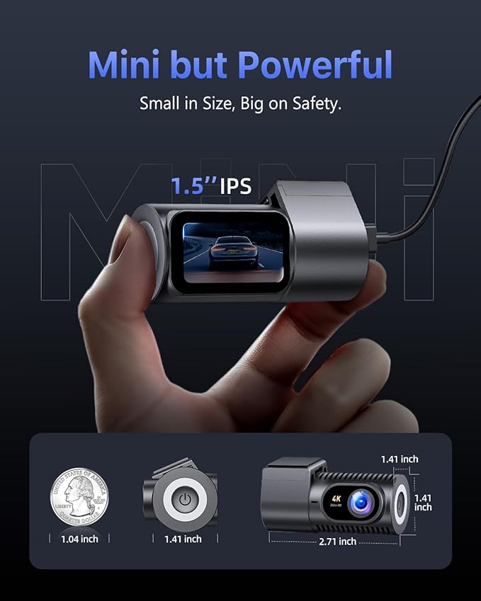 Dash Cam Front 4K - 1.5" IPS Display & 5G WiFi & 64G Card, 360° Rotation Mini Dashcam, Car Camera with WDR Night Vision, 24H 
