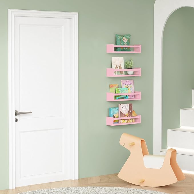 Forbena Pink Floating Shelves for Wall, Aesthetic Wall Bookshelf for Girls Room Decor, Wood Nursery Bookshelves for Toddler K