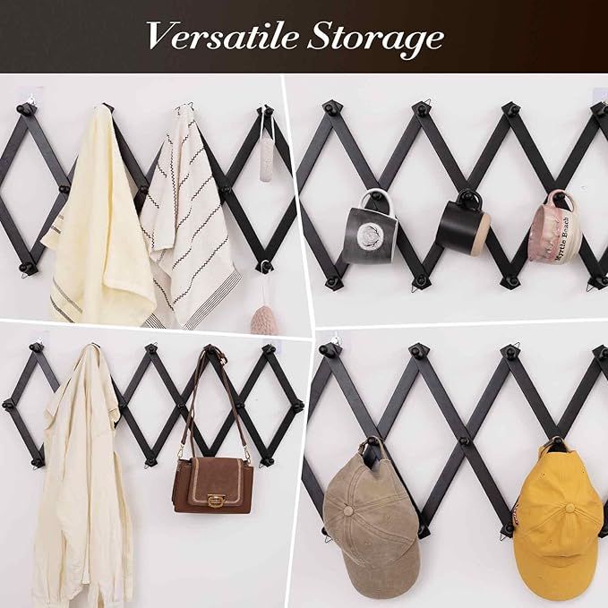 SCUNDA Accordion Wall Hanger with 16 Hooks, Wooden Wall Expandable Coat Rack for Coat, Hats, Baseball Caps, Coffee Mug, Jewel
