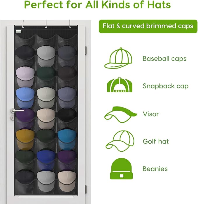 Unjumbly Baseball Hat Rack, 24 Pocket Over-The-Door Hat Organizer with Clear Deep Pockets to Display Baseball Caps Collection