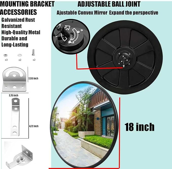 18” Polycarbonate Outdoor Convex Security & Blind Spot Mirror - 160° Wide Angle, Shatterproof PC Material with Auto Recovery, Rust-Proof Bracket for Parking Lots, Warehouses, Schools, Offices & More