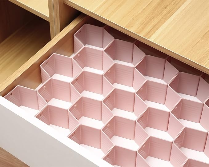 Drawer Splitter 16-piece Set Adjustable Honeycomb Organizer Tie Sock Organizer Underwear Panties Cosmetic Sorter (Pink)