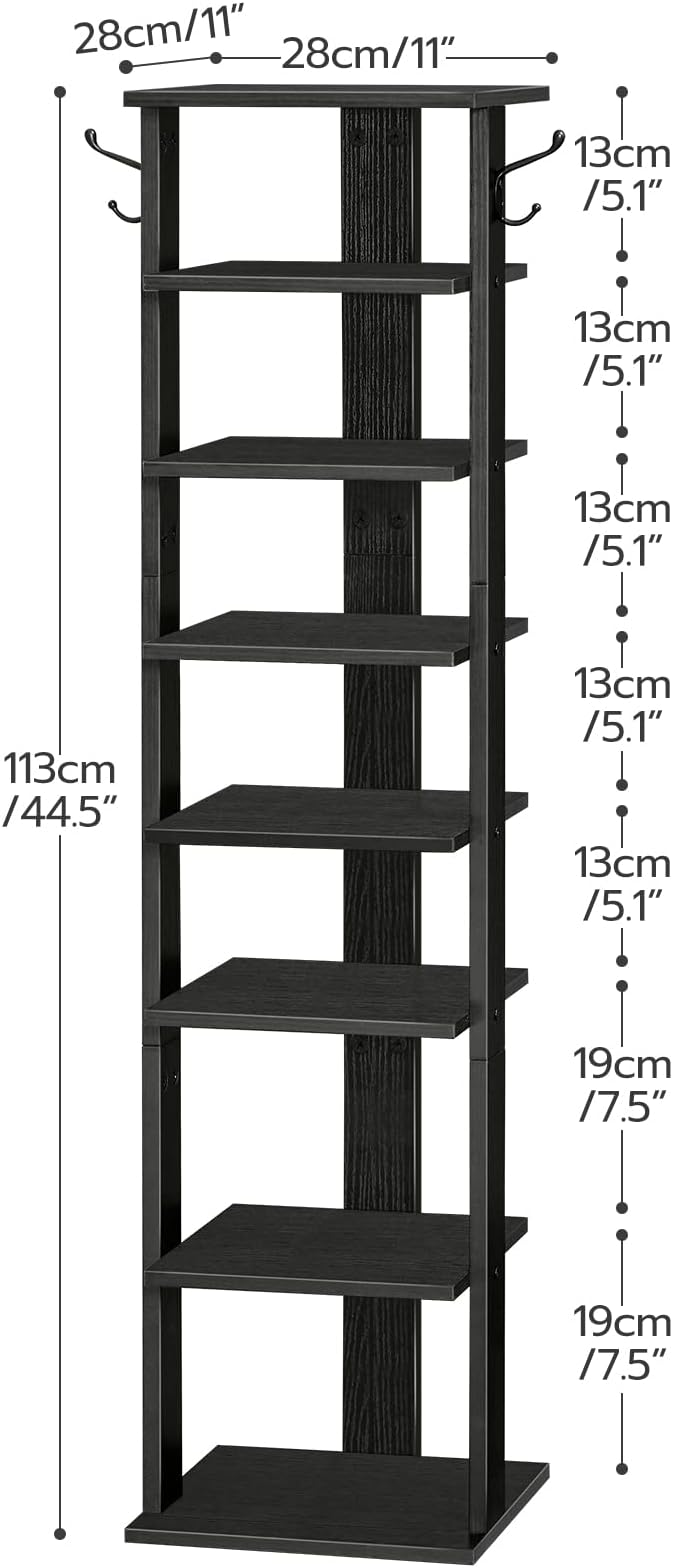 HOOBRO 8 Tiers Vertical Shoe Rack, Wooden Shoe Storage Organizer with Hooks, Narrow Shoe Tower for 8 Pairs, Space Saving, for