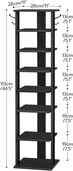HOOBRO 8 Tiers Vertical Shoe Rack, Wooden Shoe Storage Organizer with Hooks, Narrow Shoe Tower for 8 Pairs, Space Saving, for