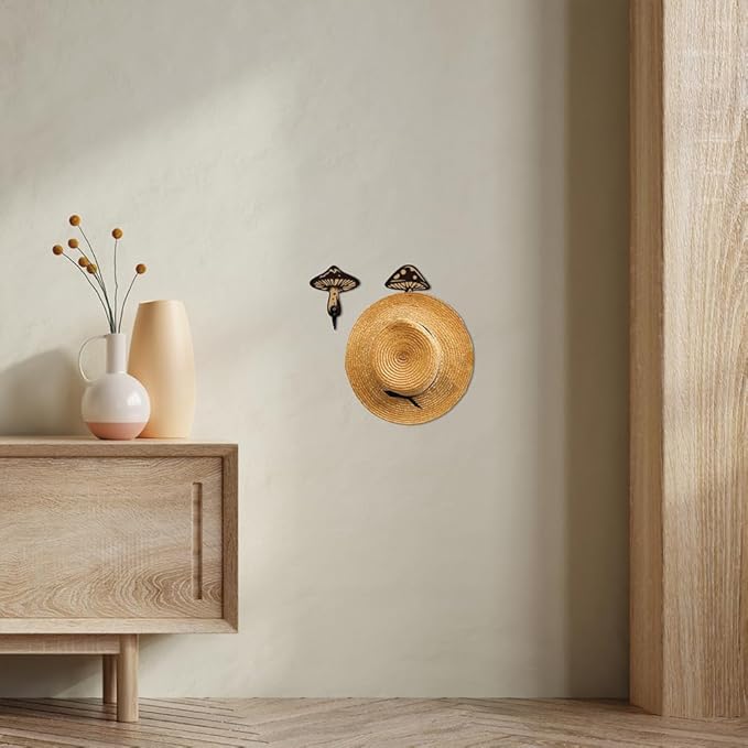 AHANDMAKER 2 Sets Wooden Mushroom Wall Hooks Key Holder, Wall Mounted Mushroom Decor Hanger for Room Keys Home Decor