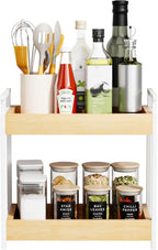 KLM Countertop Coffee Station Organizer, 2 Tier Wooden Shelf for Coffee Bar Accessories, Condiment Storage Caddy for Kitchen,