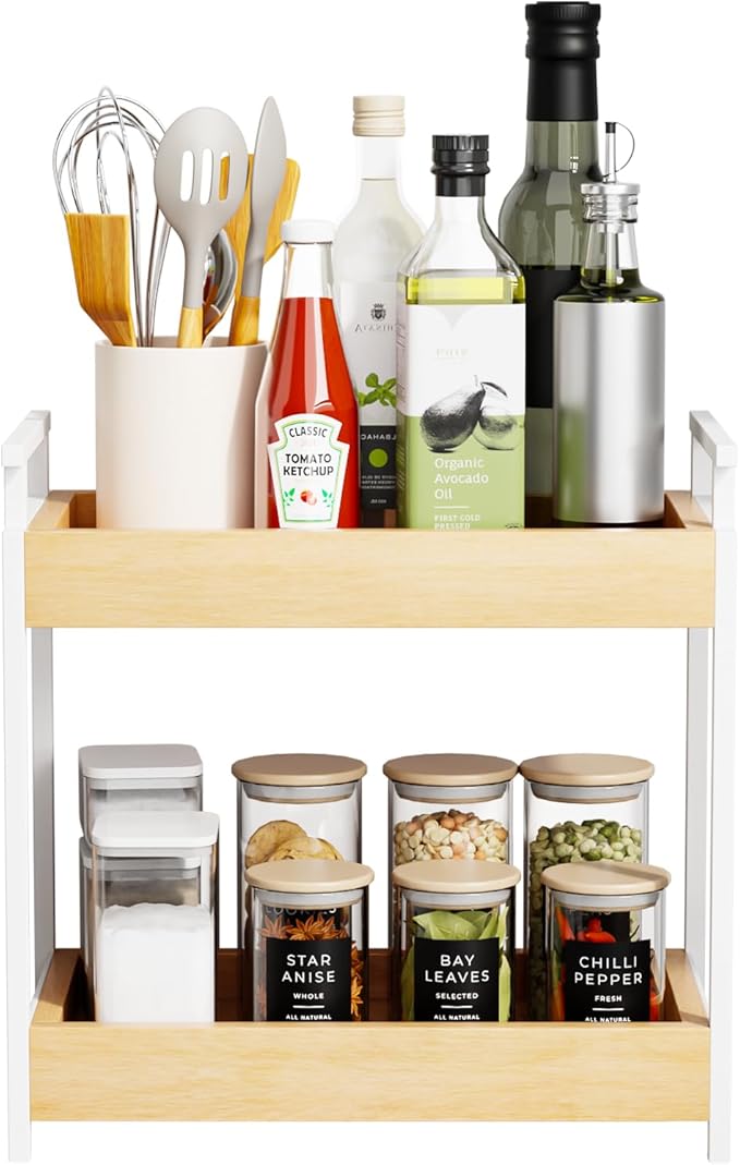 KLM Countertop Coffee Station Organizer, 2 Tier Wooden Shelf for Coffee Bar Accessories, Condiment Storage Caddy for Kitchen,