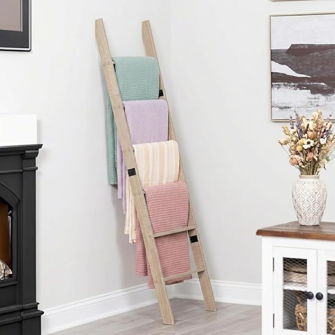 Blanket Ladder for Living Room and Bedroom, 5ft 8 inch, 6-Tier Wall Leaning Laminate No-Snag Construction (Smokey Oak) Rustic
