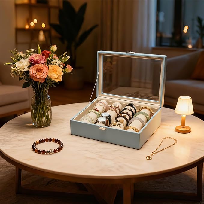 Bracelets Organizer Rods Bangles Display Holder, Clear See through Lid Leather Velvet Jewelry Storage Box Case for Women, 4 R